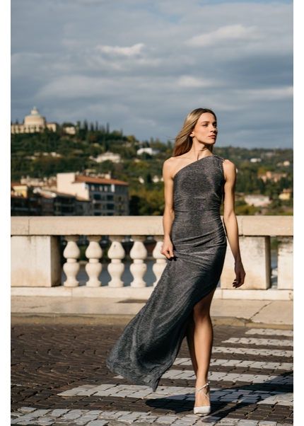 Asymmetrical dress in lamé jersey - DIOWIA, SILVER 